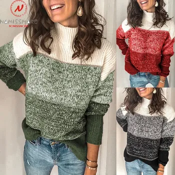

Fashion Women Autumn Winter Sweaters Color Matching Design High Collar Long Sleeve Print Striped Print Casual Pullovers Top