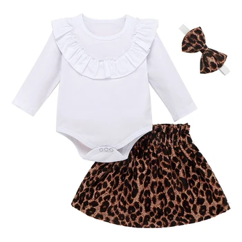 

New born Baby Girl Clothes Cotton Long Sleeve Romper Bodysuit + Leopard Skirts Headband Kids Dress Outfits Clothing Set 0-24M