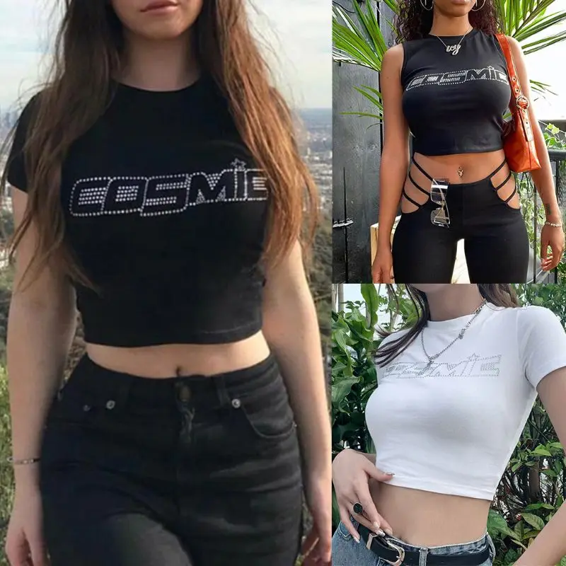 Las mujeres de verano de manga corta/Top sin mangas de perforación en caliente de diamantes de imitación cósmica cartas camisetas ombligo ropa casual de fiesta