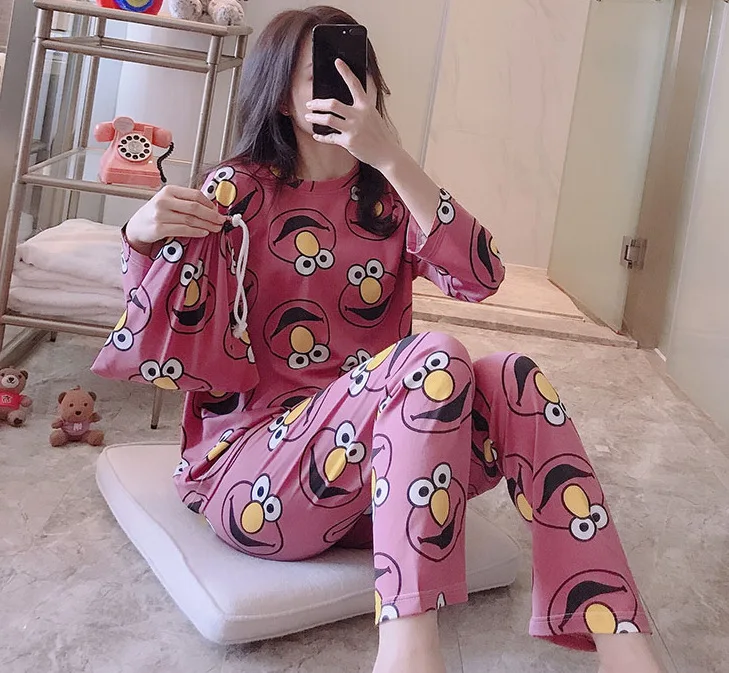 

Spring And Autumn Cloth Bag Cartoon Set Pajamas Women Tracksuit Qmilch Loose And Plus-sized Summer Thin Fat Mm Cloth Bag Pajamas