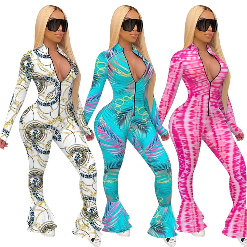 

Women Autumn New Jumpsuit Colorful Pattern Printting Long Sleeve Zipper Ruffle Fashion Slim Fishtail Pants Rompers Bodysuits