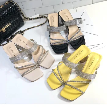 

2020 Summer Slippers Women 5cm Heel Flip Flops Crystal Slip On Slide Narrow Band Sandals Elegant Med Heels Slipper Zapatos Mujer