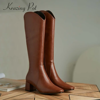 

Krazing Pot western boots split leather classic colors modern small square toe thick high heel zipper mature knee-high boots L77