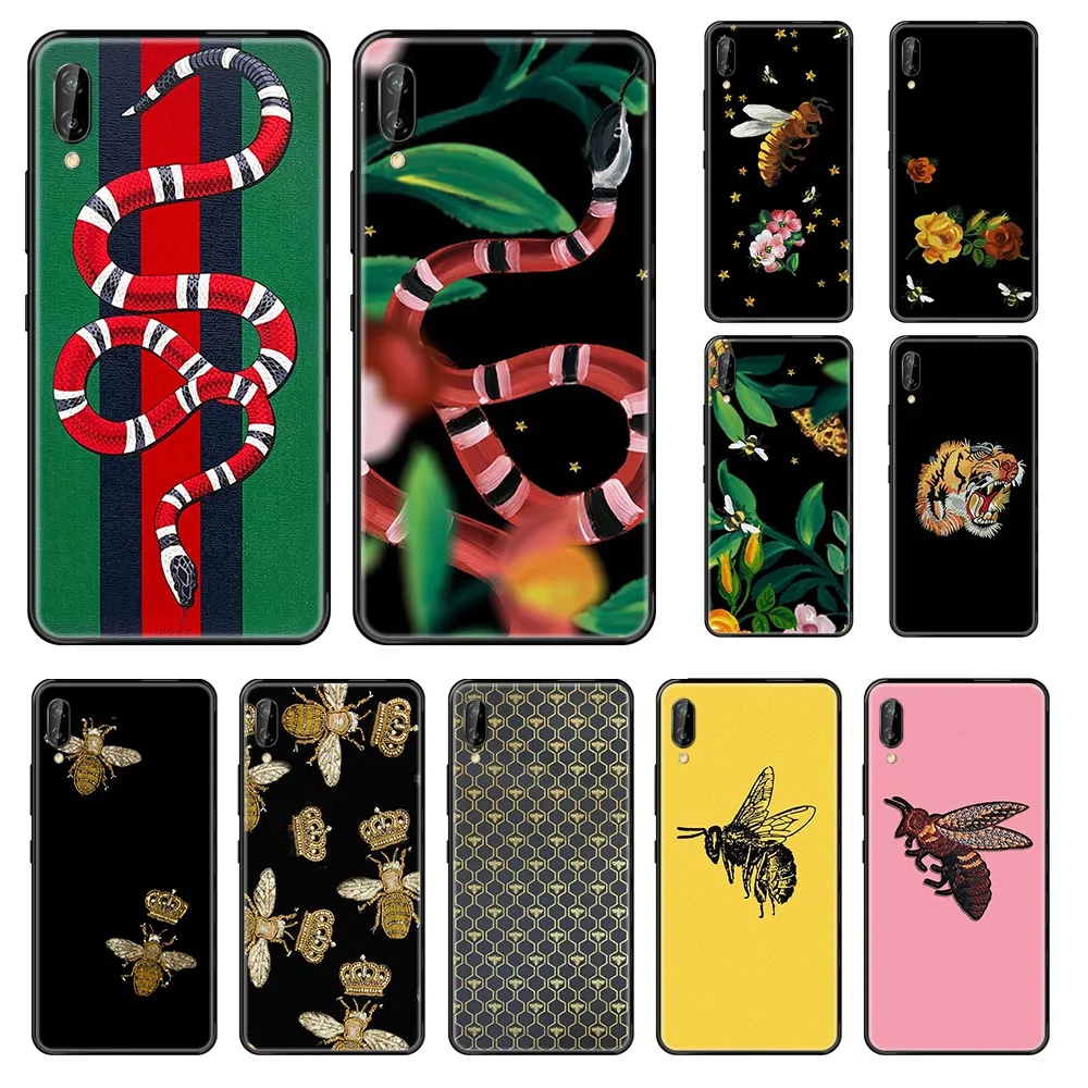 

Italy luxury brand bee snake tiger art trend cover hoesjes black Phone case For Huawei Honor Mate 5 6 7 8 9 10 20 A C X Lite
