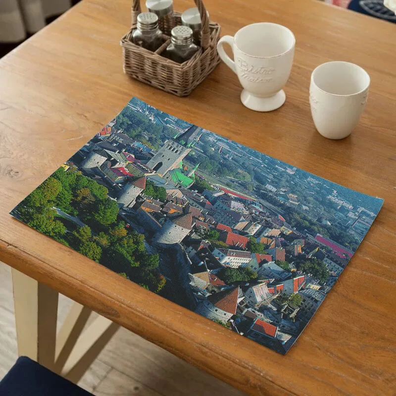 

Landscape Pattern Table Mat Anti Slip Waterproof Polyester Mat Kitchen Tool Mats Solid Placemat for Kitchen Table Home Decor