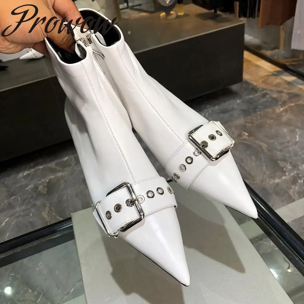 

Prowow New Genuine Leather Black White Zip Side Ankle Boots Sexy Pointed Toe Metal Heel High Heel Boots Shoes Women