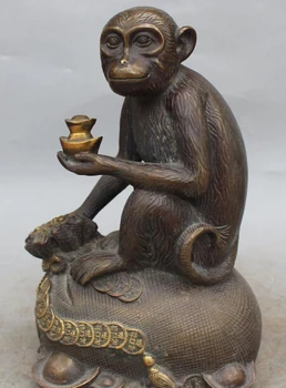 

rui 11" Marked Chinese Bronze Gilt Wealth Zodiac Year Animal Monkey Money Bag Statue S0708