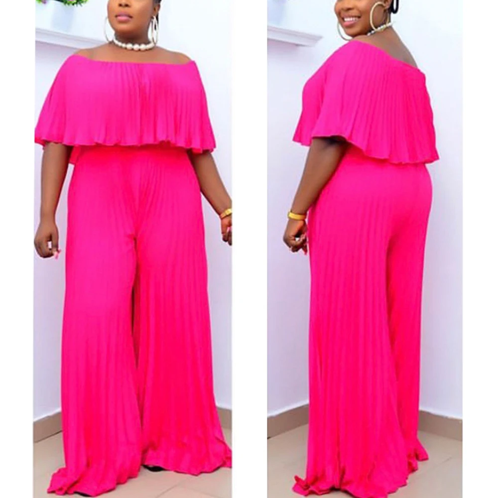 

Sexy Off Shoulder African Boubou Ankara Fashion Elegant Solid Pleated Wide Leg Jumpsuit Dashiki Party Clothing