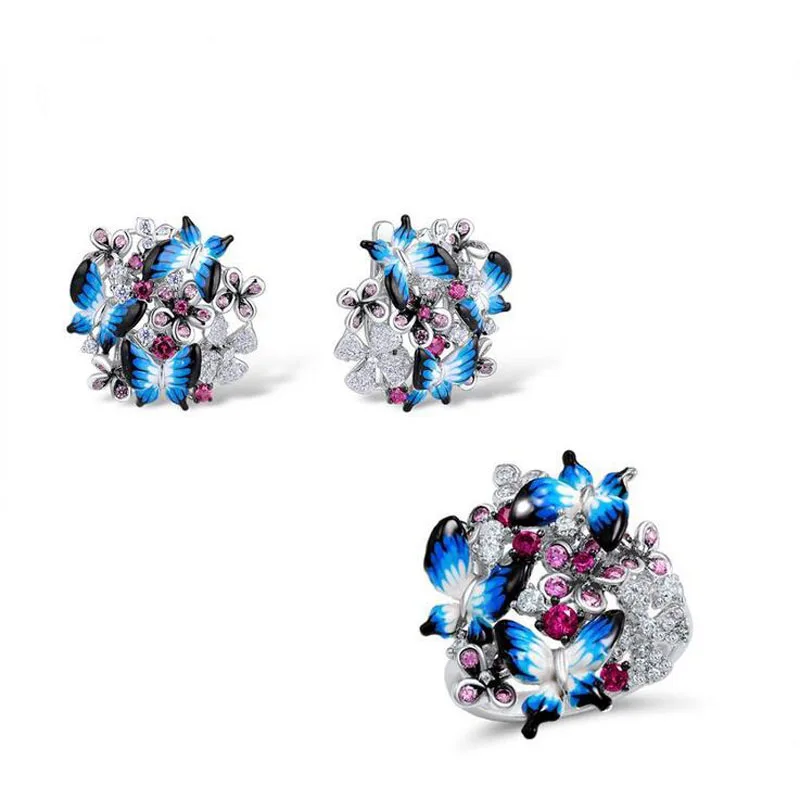 Модного серебристого цвета голубой эмаль циркон бабочка цветок набор украшений для женщин креативные вечерние Обручальные серьги кольцо ювелирные изделия
