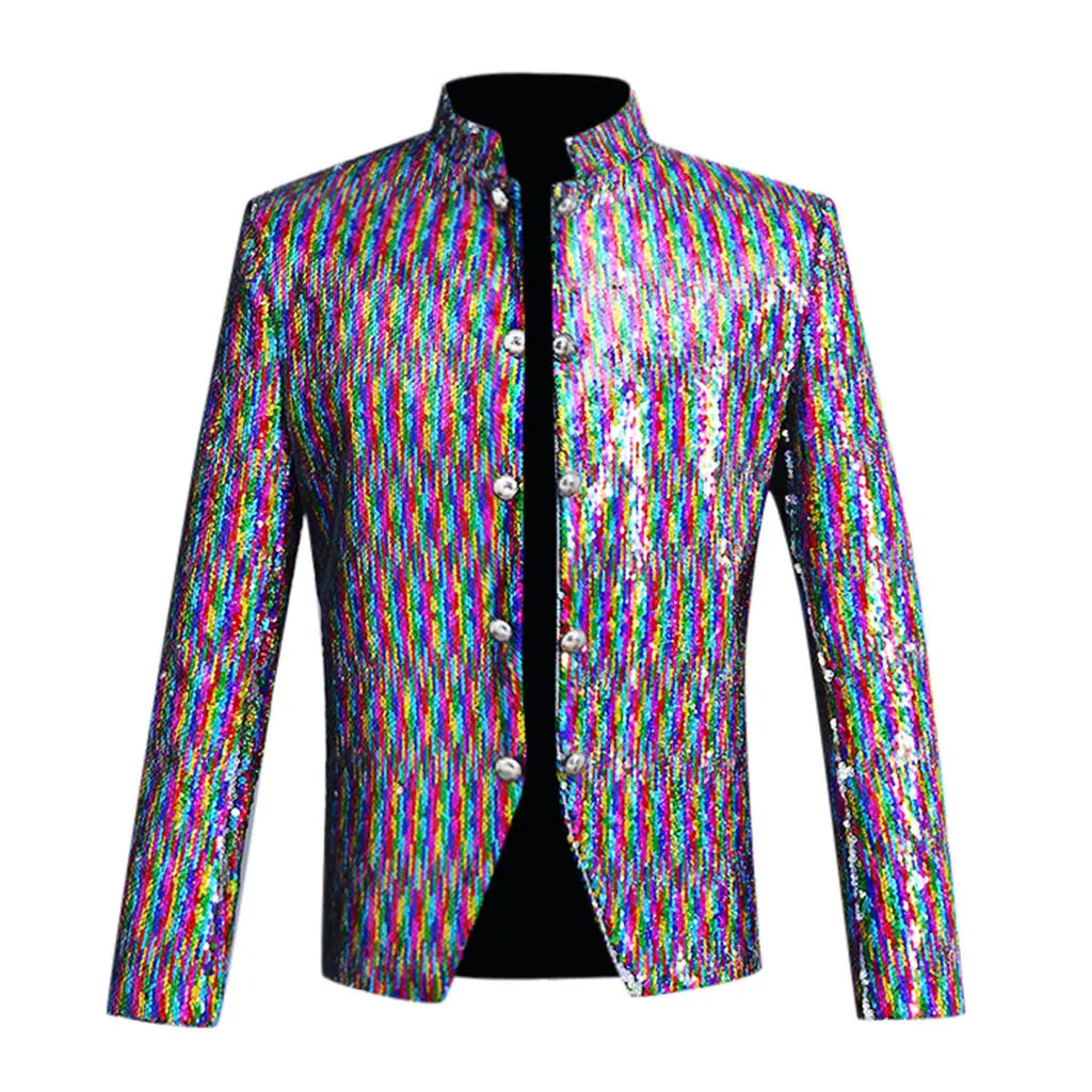 Men's Fashion Sequin Costumes Suit Jacket Stand Collar Nightclub Costumes Tops Blazers Single button For Men Stylish Suit 9.21