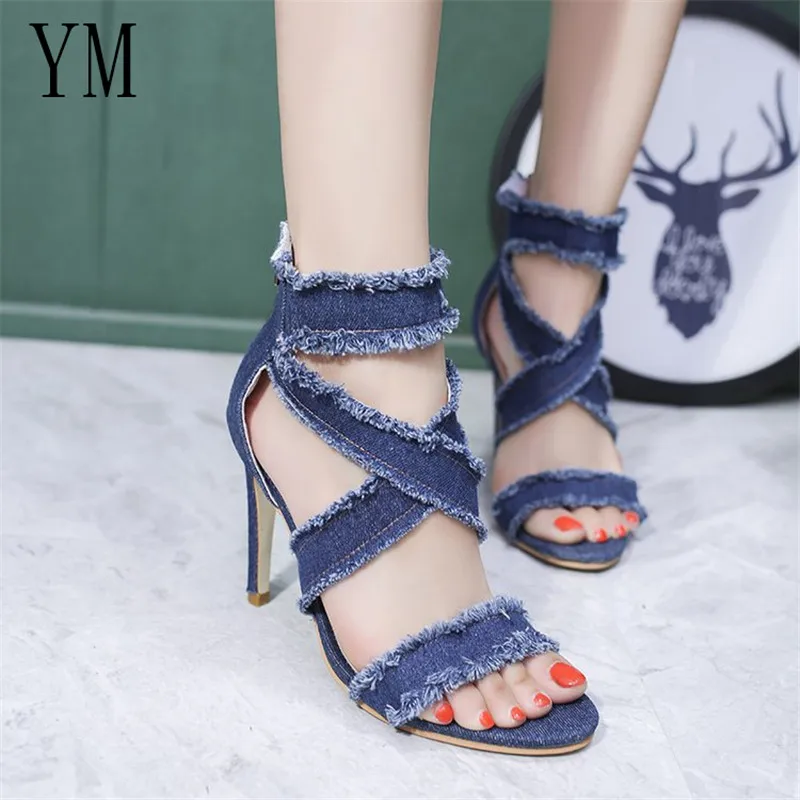 

Ladies Summer Sandals Fashion Solid Color Casual Open Toe High Heel Fish Head Pumps Denim Rome Peep Toe Sexy Heels Gladiator