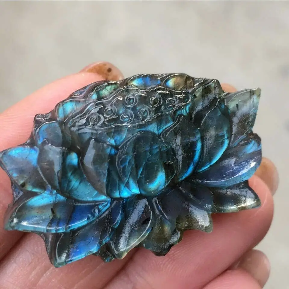 Natural Hand Carved Labrador Mineral Crystal Lotus Flower Statue Crystal Figurine Pendant Crafts Gifts 3