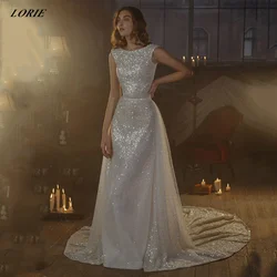 LORIE Sexy Glitter Straight Wedding Dresses Sleeveless Bodycon Bridal Gowns With Detachable Shiny Tulle Train Bridal Dress 2022