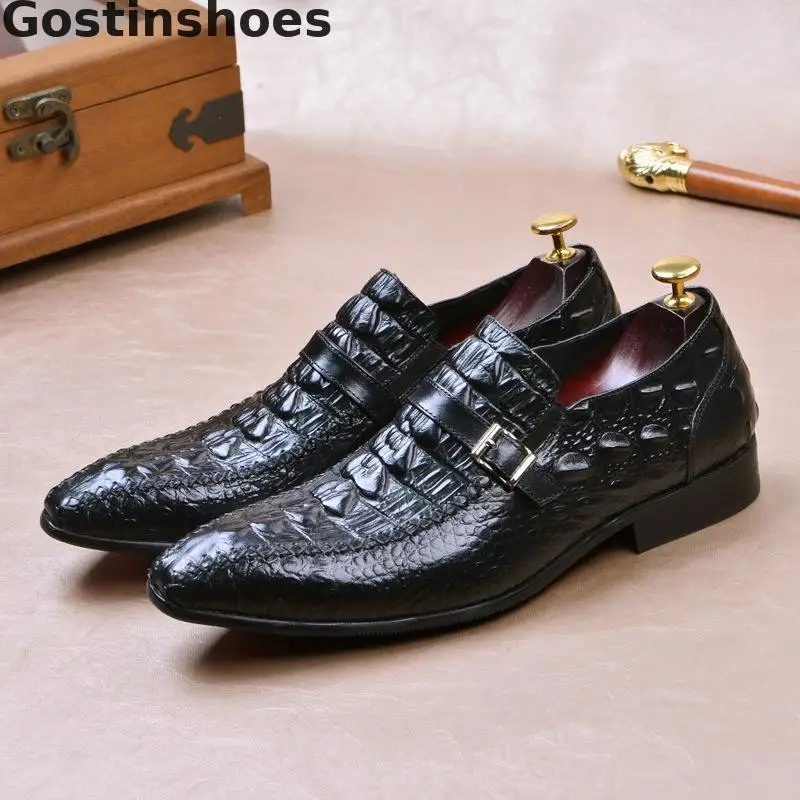 Alligator Printed Men Leather Shoes Black Brown Cowhide Men Dress Shoes Single Buckle Strap Monk Shoes Formal Business Shoes Men - Цвет: Black