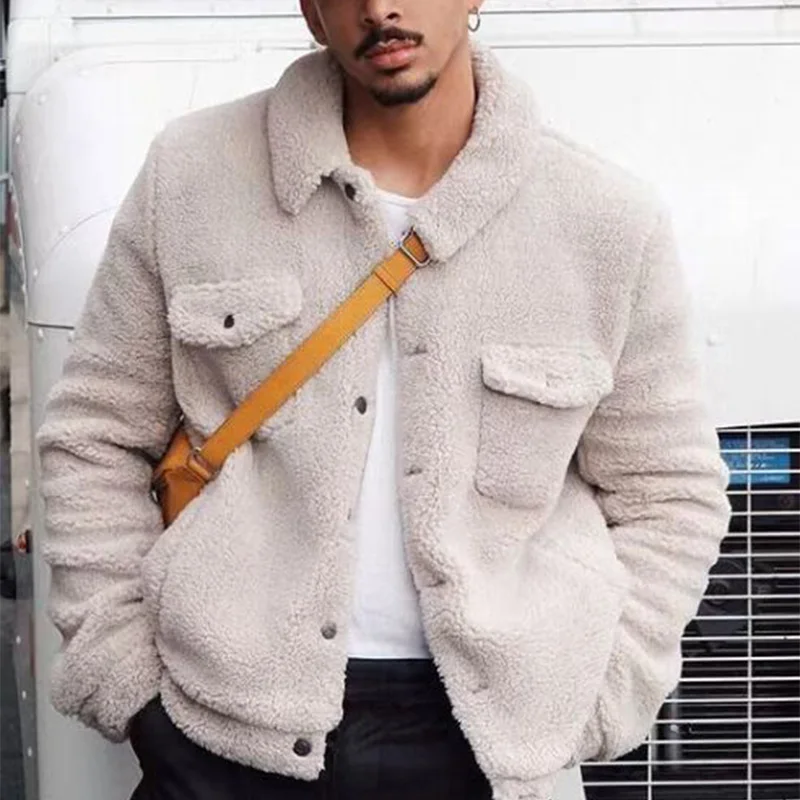 

Fashion Men Jacket Street Shooting Men Solid Color Long Sleeve Simple Woolen Coat Warm Loose Jacket Men Outwear Cardigan Tops