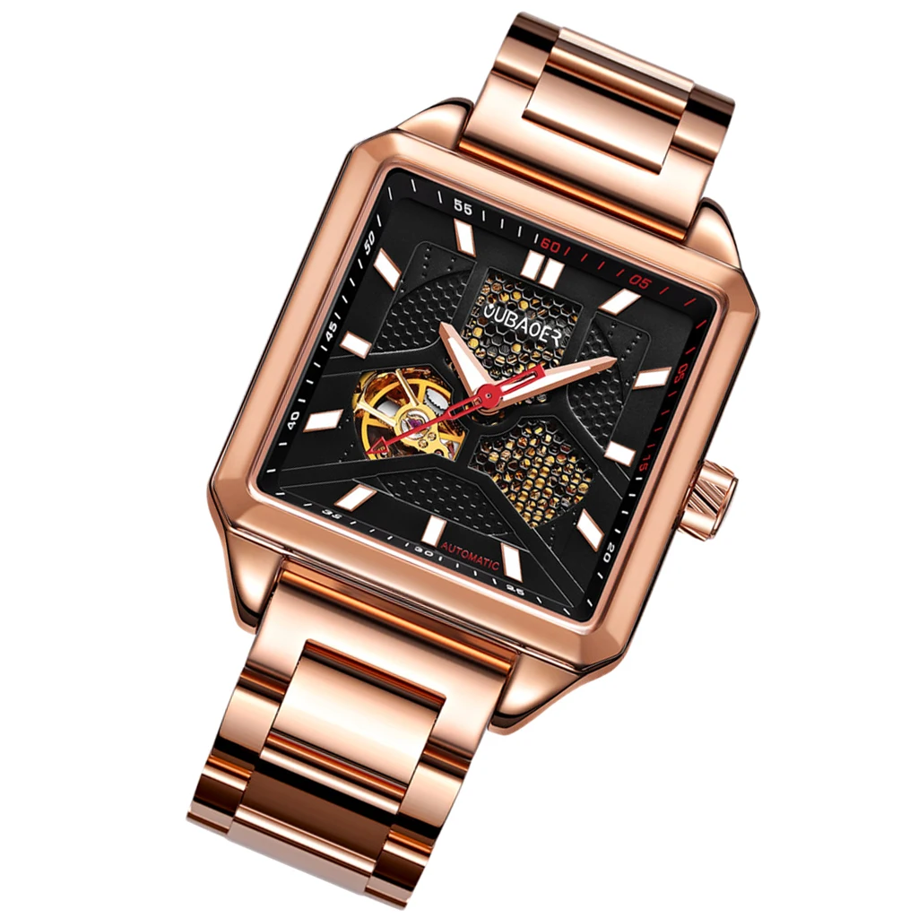 

Automatic Mechanical Square Hollow Dial Watch Winner Watch Men Skeleton Watch Stainless Steel Rose Gold Vintage Man Watch