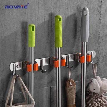 

ROVATE Wall Mount Broom Mop Holder, 304 Stainless Steel Mop Holder with Racks for Laundry Room Kitchen Bathroom Garden