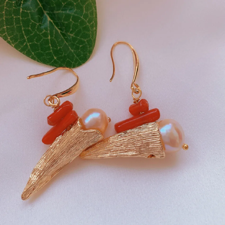 

Natural Baroque pearl red coral earrings 18K gold gift Hook Dangle Women