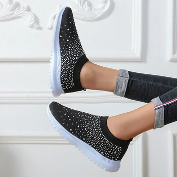 

Crystal Women Sock Sneakers Glitter Running Shoes Breathable Flat Walking Shoes Bling Lady Shoes Sequins Zapatillas Mujer 35-43