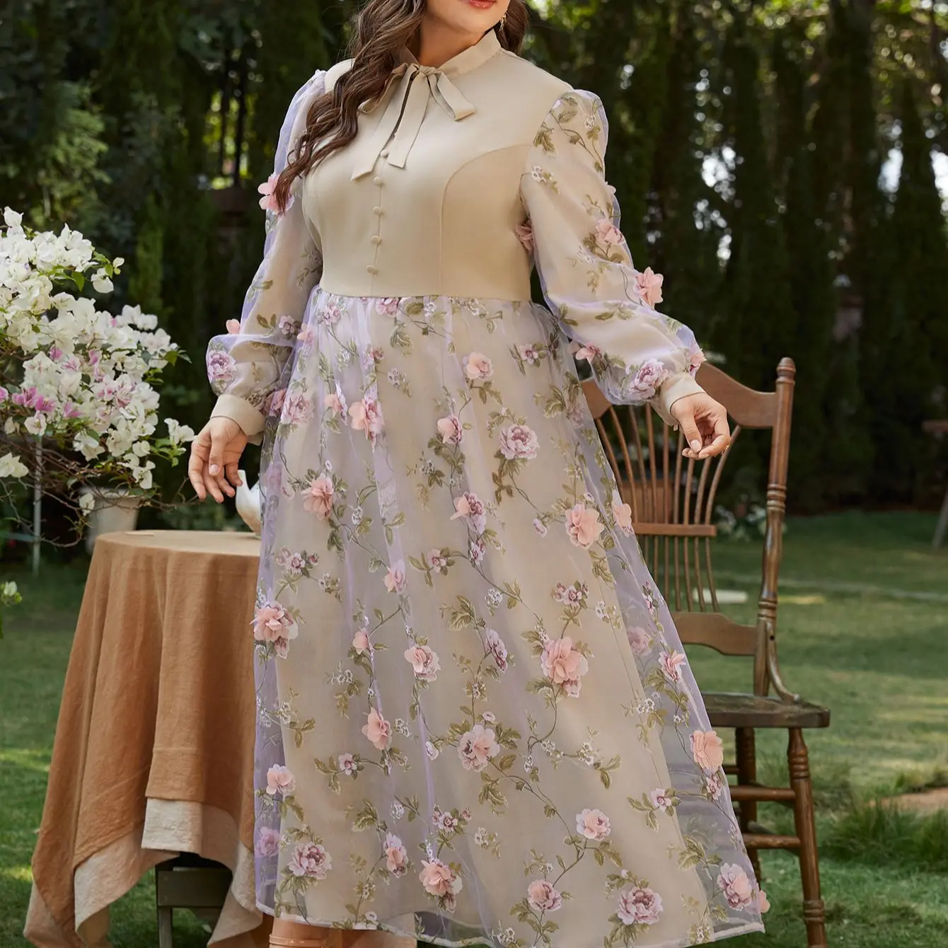 

Вечернее элегантное платье, бежевое, тонкое, весна-осень, мусульманское, с трехмерным цветком, CN, 2021