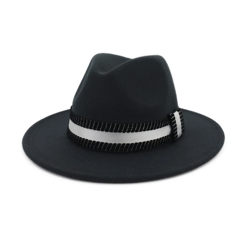 Мужская женская шляпа-федора с черным белым поясом Панама джазовая, шляпа широкая шляпа размер 56-58 см - Цвет: Dark Gray