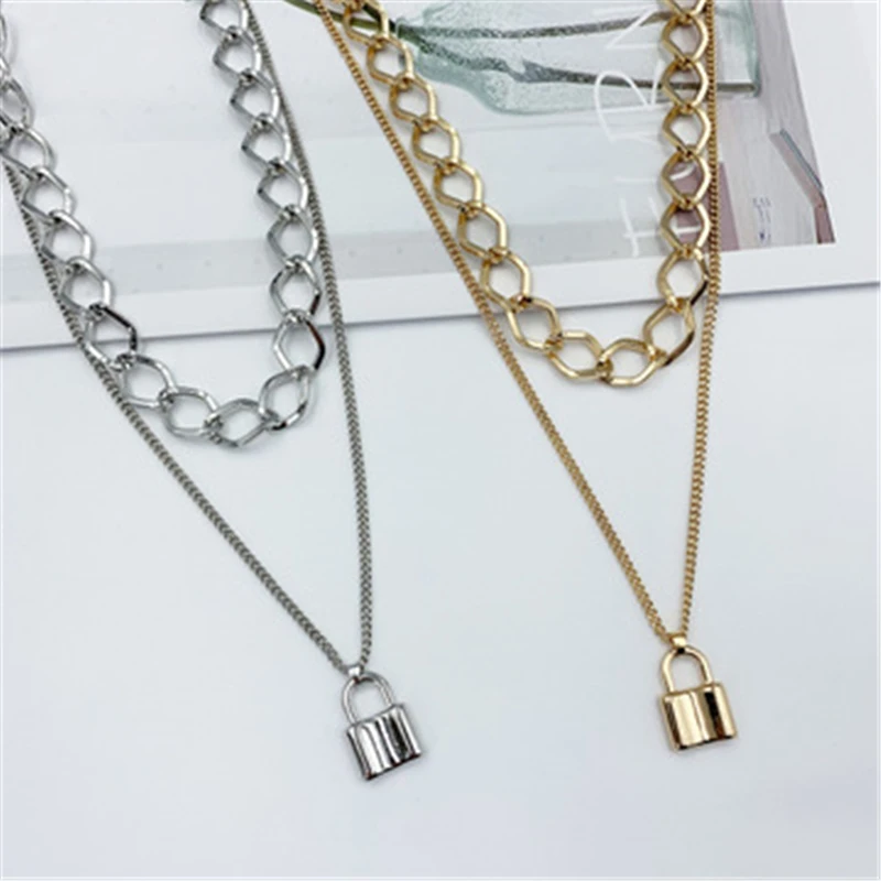 

Lover Lock Pendant Choker Necklace for Women Vintage Padlock Geometric Chain Multi-layer Lock Pendant Neck Jewelry