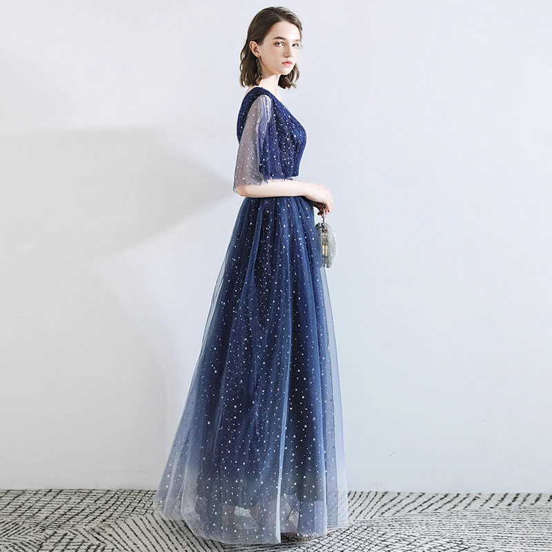 SSYFashion, новинка, темно-синее вечернее платье, простое, элегантное, v-образный вырез, длина до пола, блестящее, длинное, официальное платье, Vestido De Noche