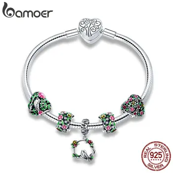 

BAMOER Real 925 Sterling Silver Spring Flower Colorful Enamel Charm Bracelets & Bangles for Women Sterling Silver Jewelry SCB804