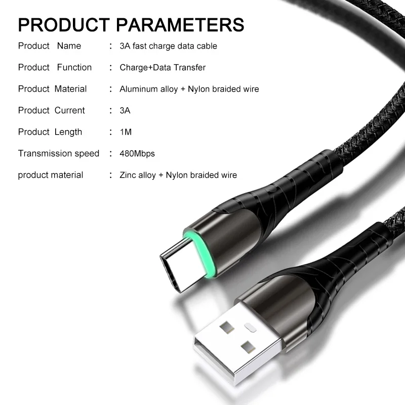 ANKNDO Micro usb type C 3A кабель для быстрой зарядки светодиодный шнур для зарядки мобильного телефона для samsung sony Xiaomi huawei USB-C шнур