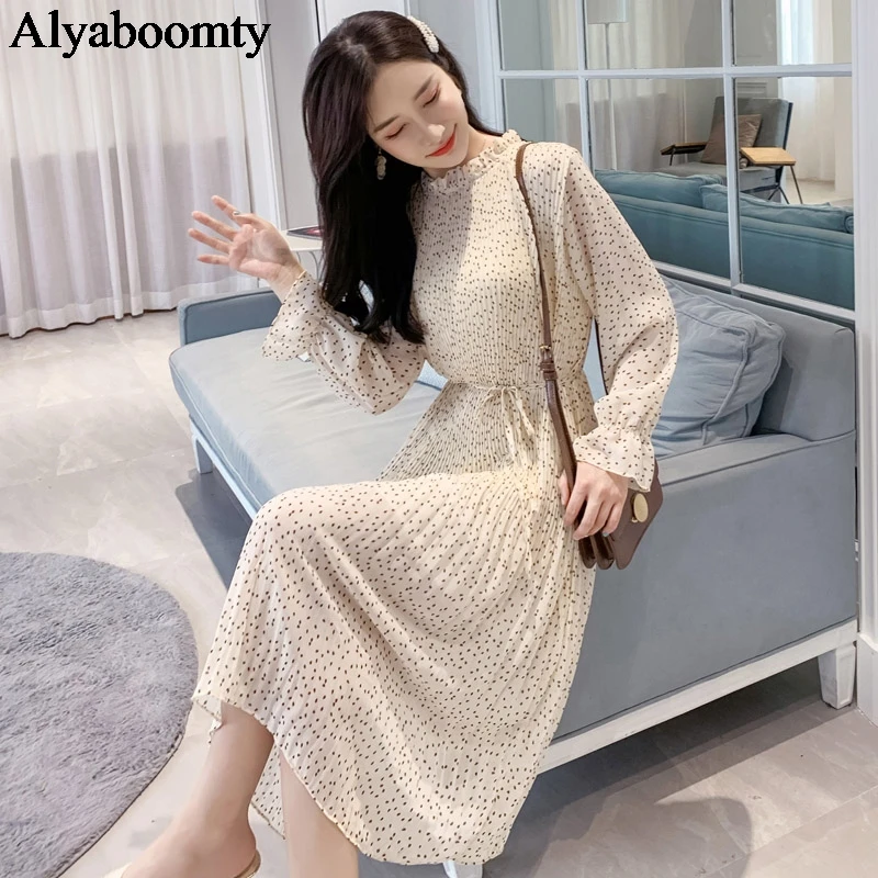 Женское плиссированное платье в горошек Mori Girl абрикосовое черное элегантное