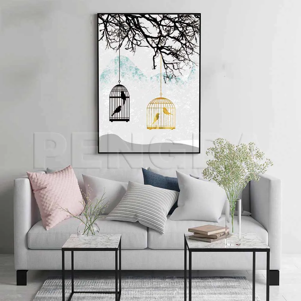 Canvas Painting Abstract Golden Black Cage Birds Trees Posters Nordic Printed Pictures for Living Room Wall Art Modular Frame | Дом и сад