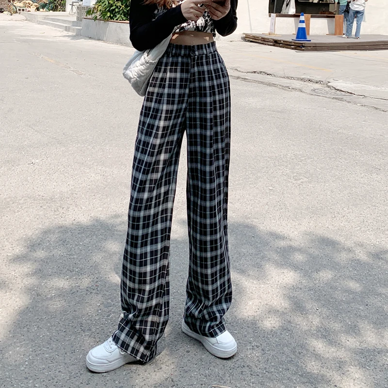 2021 Summer New Women Korean Fashion Y2k Baggy High Waist Plaid Pants With Elastic Band Wide Leg Lady Girls Boyfriend Trousers ksubi jeans