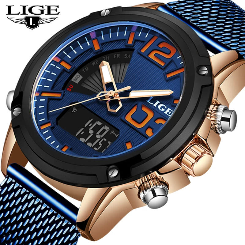 Lige мужские часы лучший бренд класса люкс водонепроницаемые цифровые аналоговые