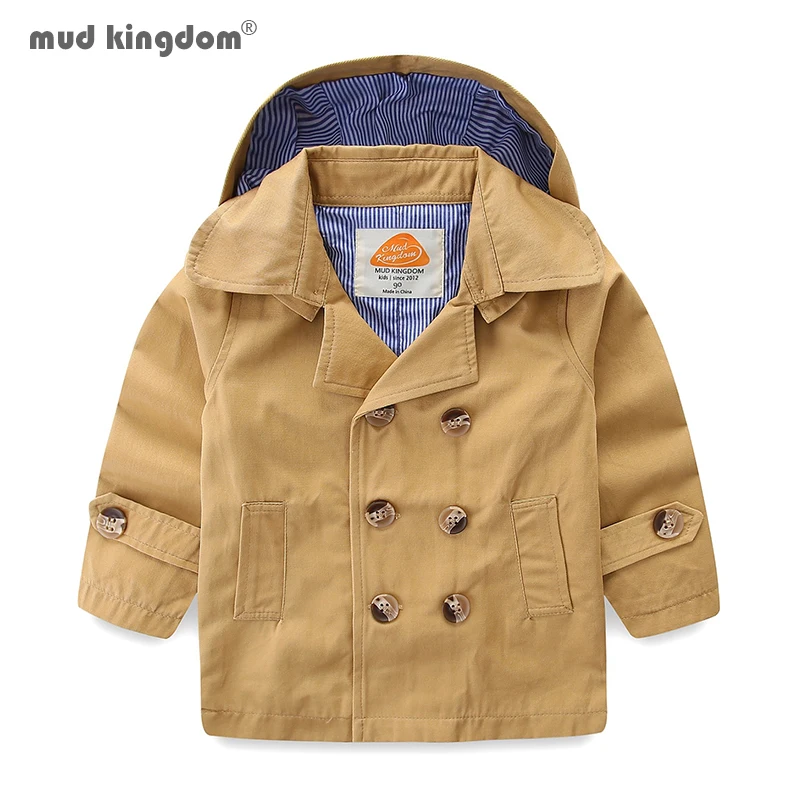 Mudkingdom Little Boys Hooded Trench Coats Fashion Double Breasted Solid Mid-length Long Sleeve Kids Windbreaker Spring Autumn