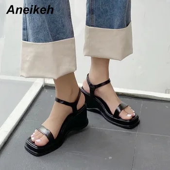 

Aneikeh 2020 NEW Fashion Summer PU Wedges Sandals Women Peep Toe High Heels Sandals Lady Dress Shoes Size 35-39 Blue white Black