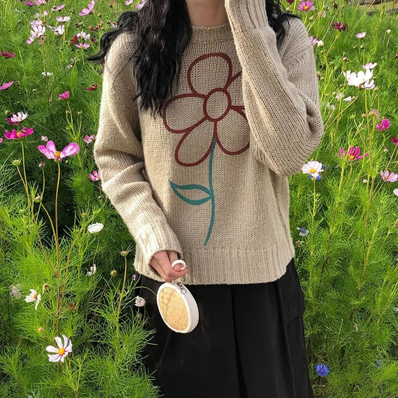 2019 autumn and winter korean chic style warm sweater womens o neck floral knitted pullovers (X1143) |
