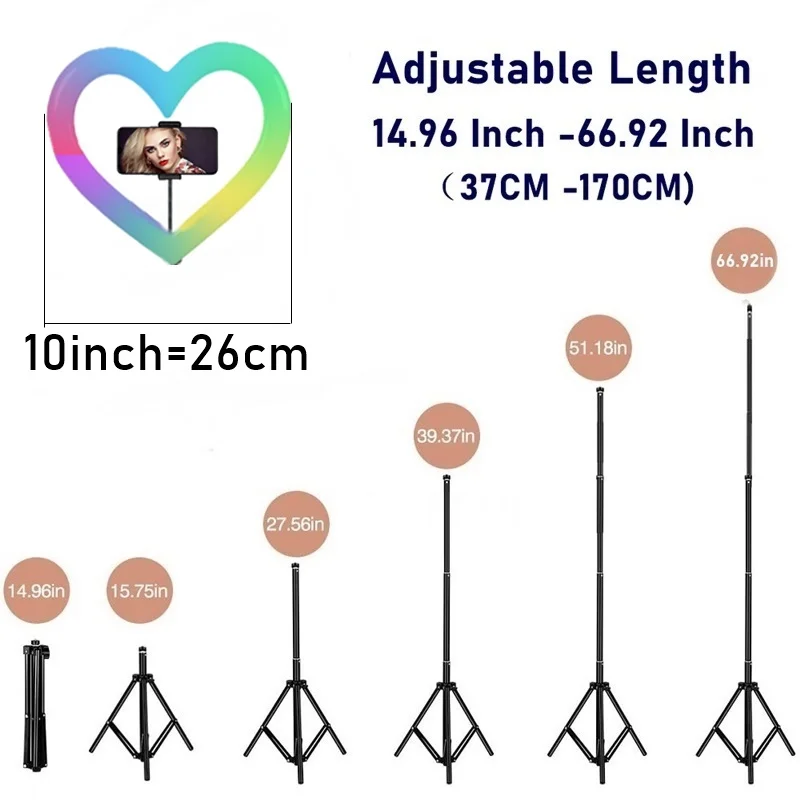 10 인치 RGB 셀카 Led 링 필 라이트 하트 사진 밝기 조절 램프 삼각대 포함, 메이크업 비디오 라이브 Aro De Movil Luz Para