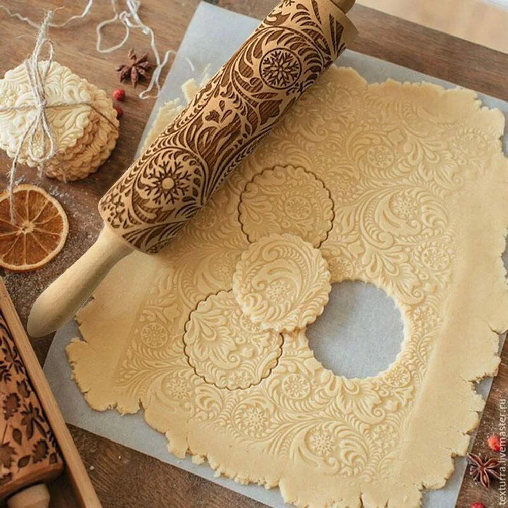 

Christmas Embossing Rolling Pin Baking Cookies Noodle Biscuit Fondant Cake Dough walek Engraved Roller Reindeer Snowflake