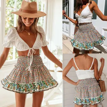 

Women 2020 Summer Retro Floral Print Pleated Mini Skirt Sweet Girl Elegant High Waist Short Beach Holidays Casual Skirt Boho XL