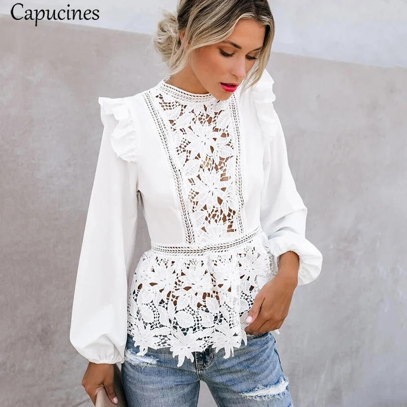 Capucines-Blusa de con volantes para mujer, camisa blanca de cintura alta con bordado calado, abertura en forma de cerradura en la espalda, Tops de verano _ - AliExpress Mobile