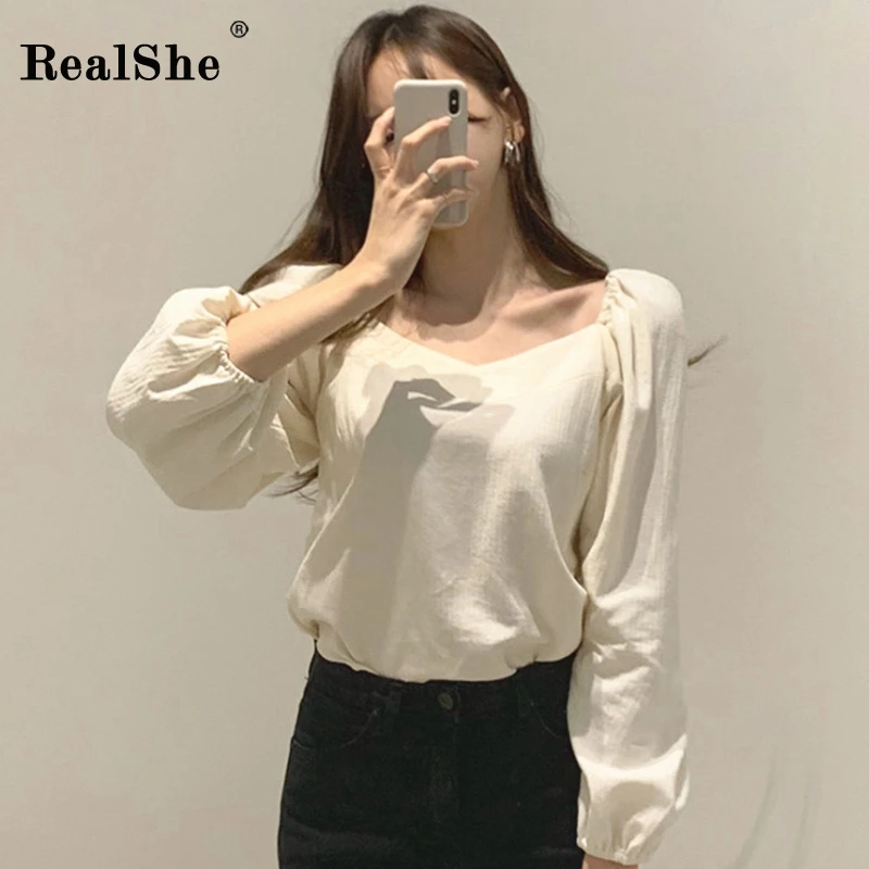 RealShe, женская футболка, топ с v-образным вырезом, рукав-фонарик, одноцветная футболка с длинным рукавом, Женская Весенняя Повседневная Уличная одежда, женские футболки