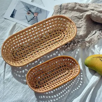 

1Pc Autumn Rattan Towel Tray Basket Stand Holder Handmade Knitting Plate-basket Tableware Organizer Khaki