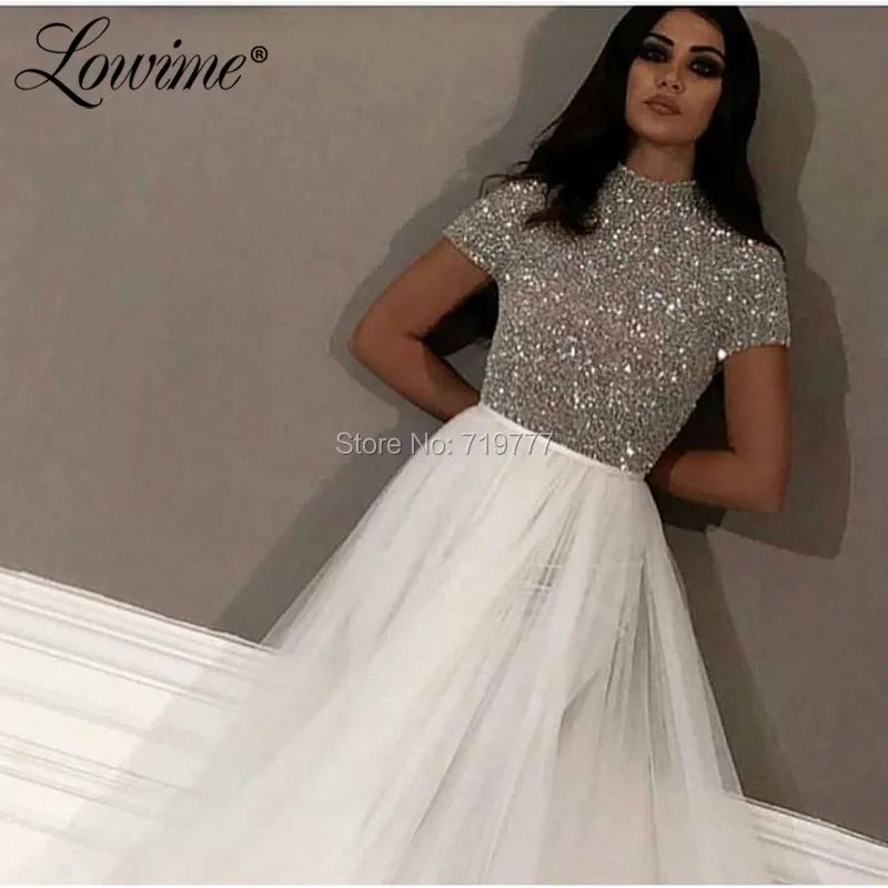 Блестящее серебряное блестящее белое Тюлевое вечернее платье арабское вечернее платье Robe De Soiree с короткими рукавами Выпускные платья