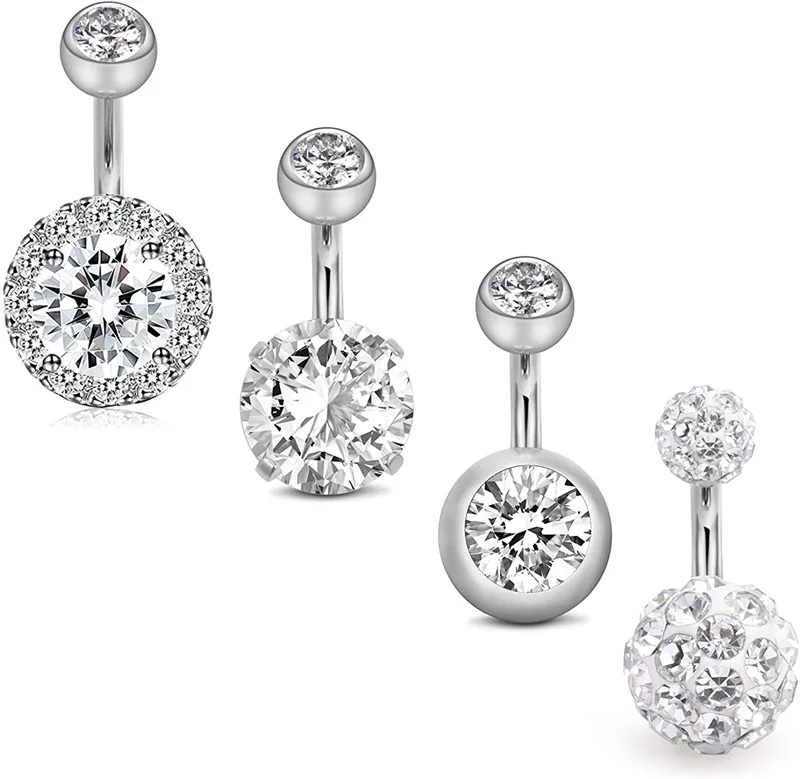 

4 Pcs Belly Button Rings 6MM Stainless Steel 14G CZ Navel Rings Barbells Studs Women Girls Body Piercing Jewelry
