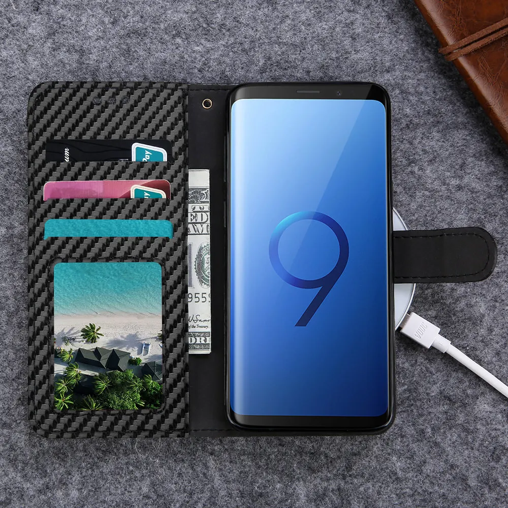 Кожаный чехол-кошелек из углеродного волокна для samsung Galaxy S10 S8 S9 Plus S7 edge, Роскошный кошелек с держателем для карт, защитный чехол с подставкой