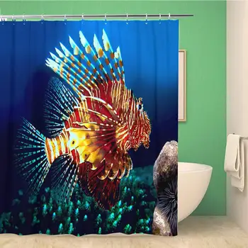 

Bathroom Shower Curtain Red Lionfish Siam Bay Province Trat KOH Chang Island Polyester Fabric Waterproof Bath Curtain Set with