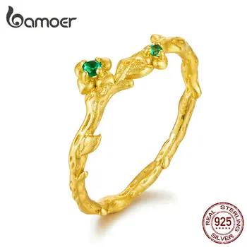 

bamoer Gold Color Wedding Finger Rings for Women Summer Branch Flower Design 925 Sterling Silver Fashion Jewelry BSR061