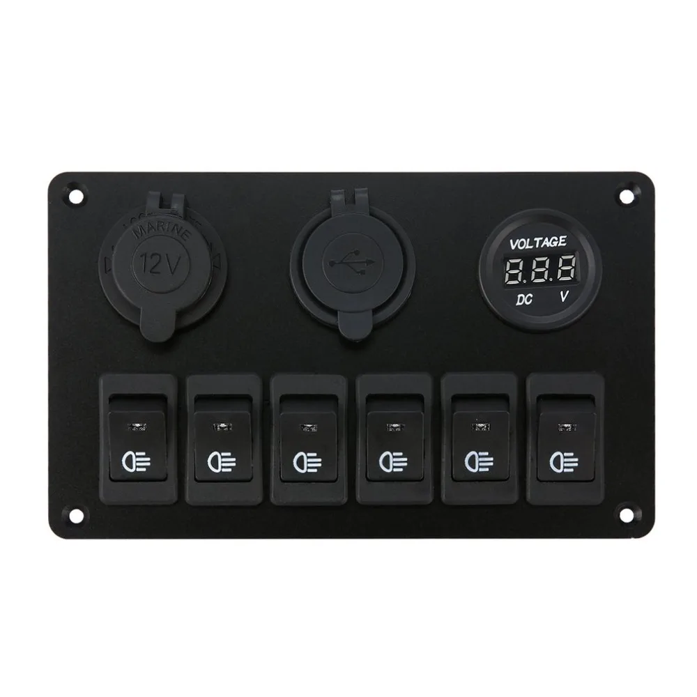 6 Gang LED Car Boat Rocker Switch Panel Dual USB Cigarette Lighter Socket Voltmeter Auto Car LED Boat Switch Panel