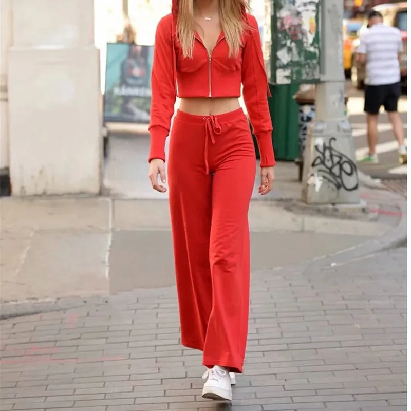 

Daily Trousers Sweater 2-piece Sportswear Solid Color Zipper Short Top + Trousers Sexy Slim Streetwear Black Pink Red Fashion