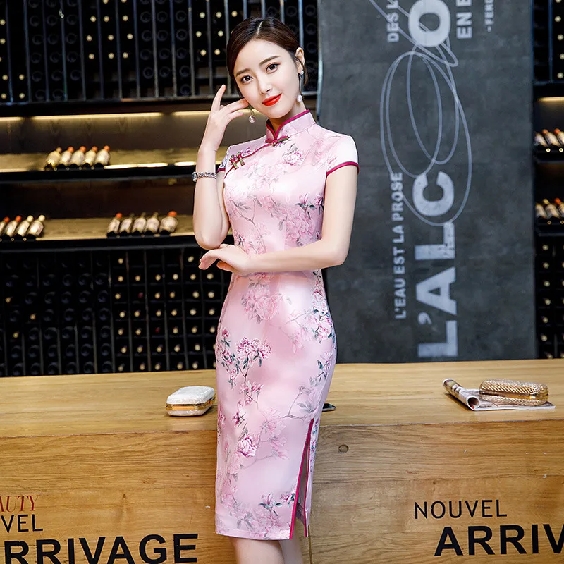 Sheng Coco 3XL плюс размер китайское шелковое платье Чонсам Qipao розовые цветы короткий Восточный стиль костюм Женская традиционная одежда